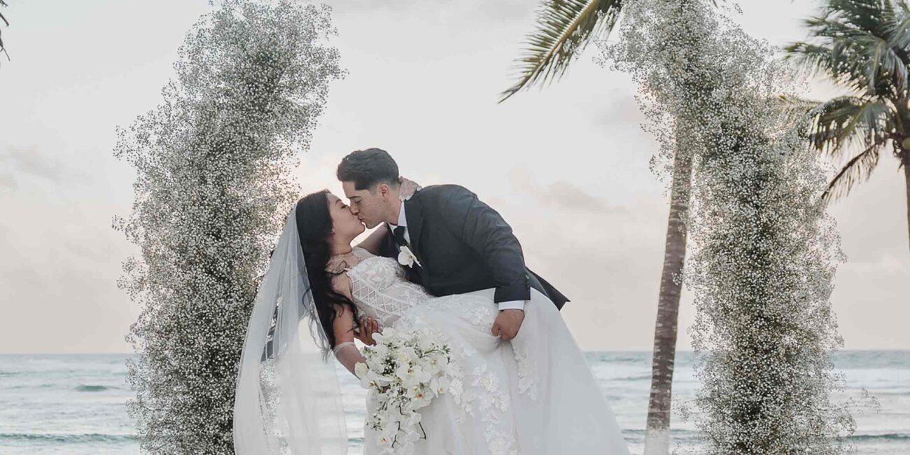 First kiss after the wedding ceremony