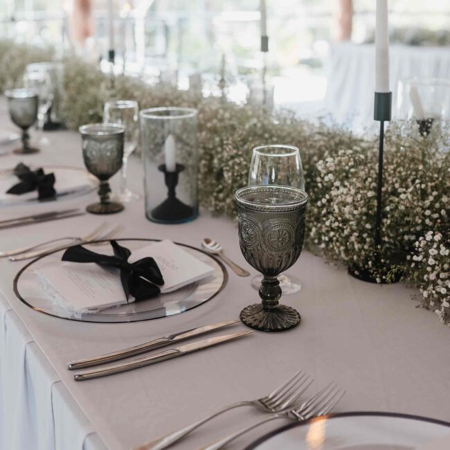 Wedding reception venue with decorated tables