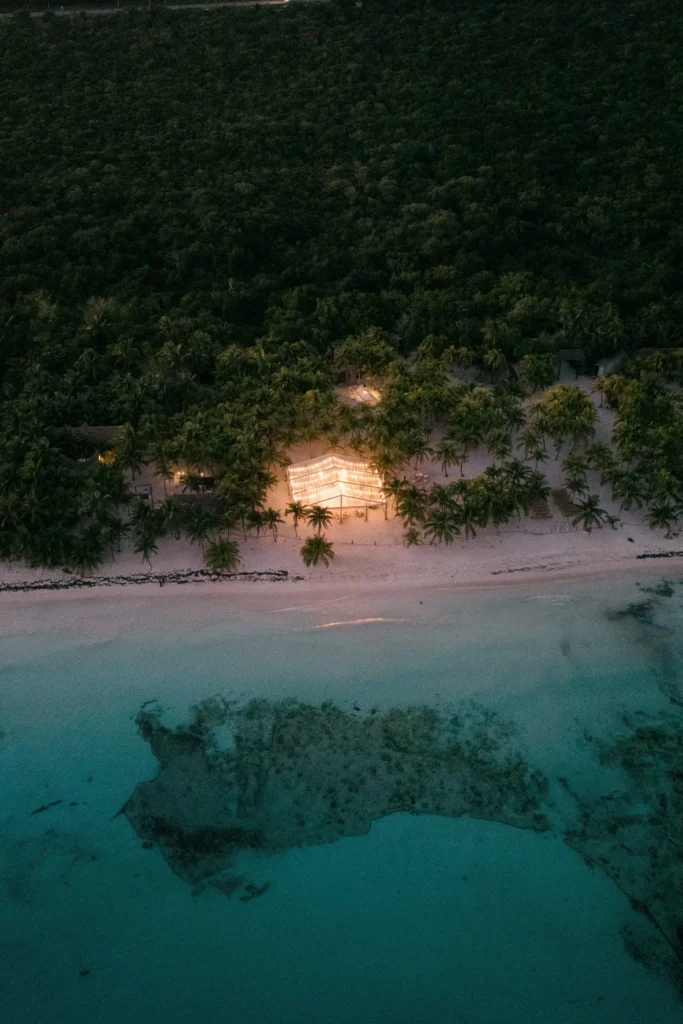 Night aerial view of Saasil Kantenah private beachfront wedding venue in the Riviera Maya