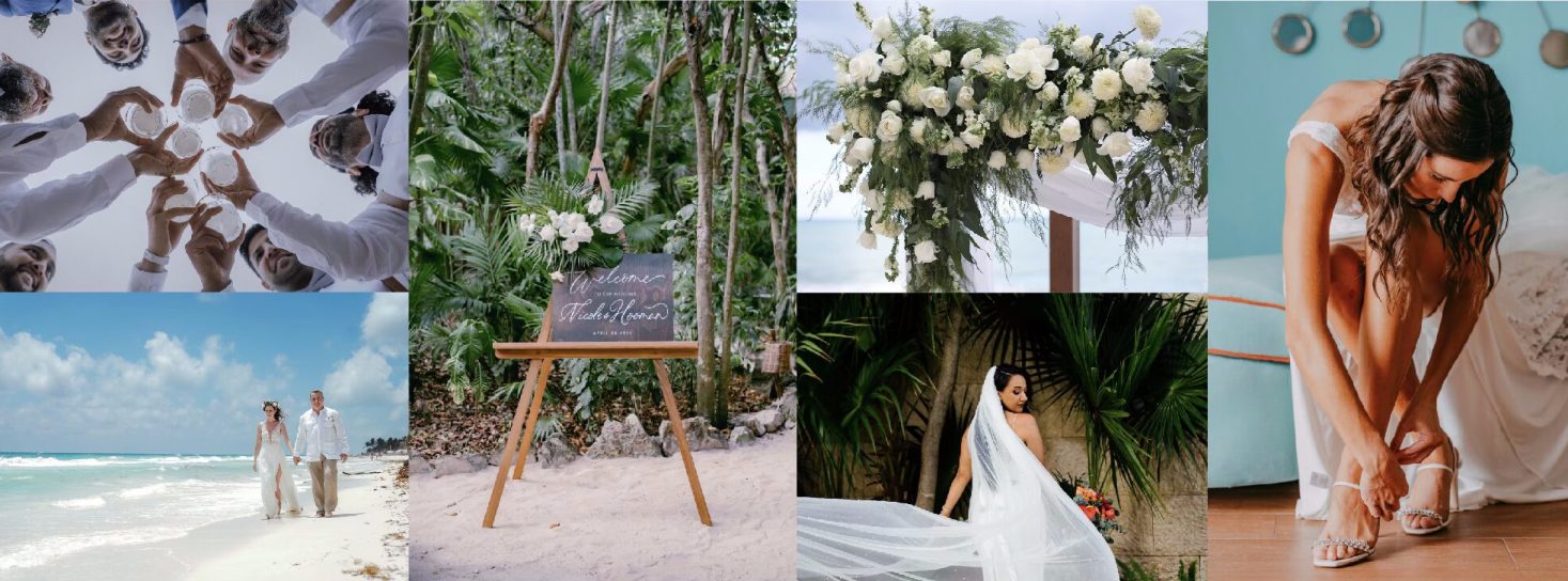 Collage of destination wedding scenes for Cancun vs Tulum wedding comparison in Mexico