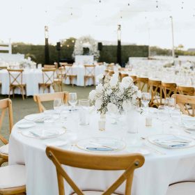 Elegant outdoor reception setup at a destination wedding in Riviera Maya"